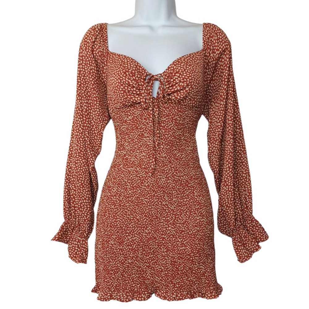 BLUSH J Brown White Leaf Print Smocked Stretchy Long Sleeve Mini Dress Large